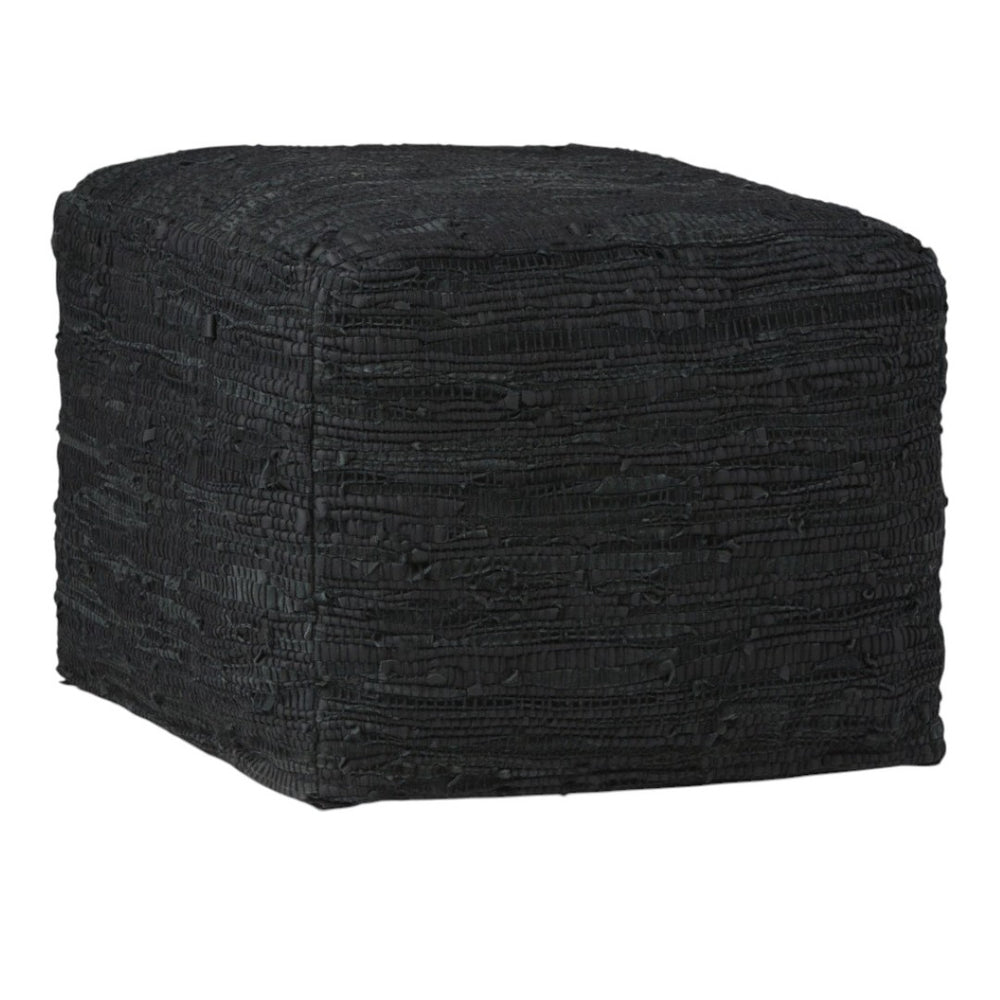 HomeRoots 18" Black Leather Pouf Ottoman - Versatile Footrest, Chic Extra Seat & Stylish Accent Table for Any Room 638581