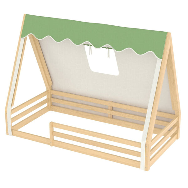 English Elm Twin Montessori Floor Bed Solid Pine Teepee Frame with Guardrails and Canopy Light W1580P369466