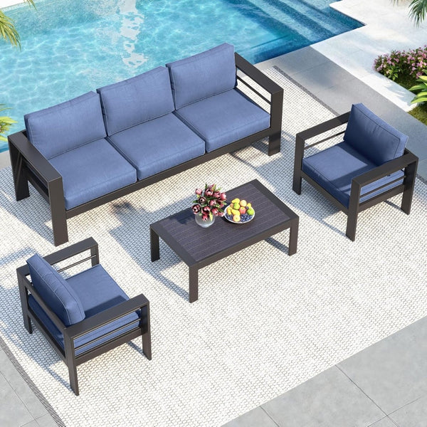 English Elm 4-piece Aluminum Outdoor Conversation Set with Rust-proof Matte Frame and Wpc Coffee Table Blue B082S00094