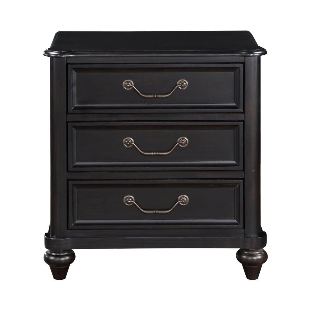 English Elm Charcoal Nightstand with 3 Drawers, Traditional Birch Veneer Bedside Table, Turned Feet & Antique Hardware B011P225166