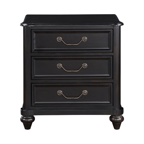 English Elm Charcoal Nightstand with 3 Drawers, Traditional Birch Veneer Bedside Table, Turned Feet & Antique Hardware B011P225166