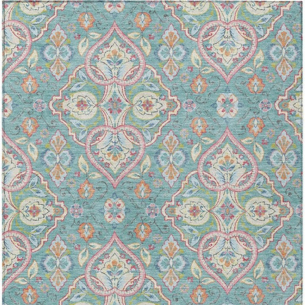Ogee Washable Polyester Area Rug Vibrant Teal Pink for Indoor Outdoor Patio Living Room Use