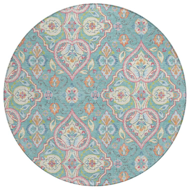 HomeRoots 8' Round Ogee Geometric Polyester Rug Washable for Indoor Outdoor Spaces 638695