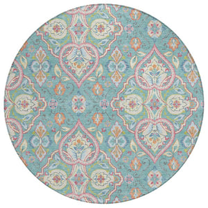 HomeRoots 8' Round Ogee Geometric Polyester Rug Washable for Indoor Outdoor Spaces 638695