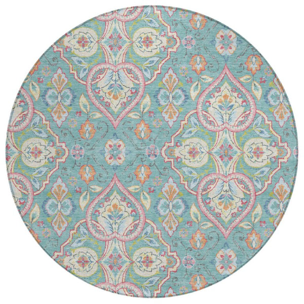 HomeRoots 8' Round Ogee Geometric Polyester Rug Washable for Indoor Outdoor Spaces 638695