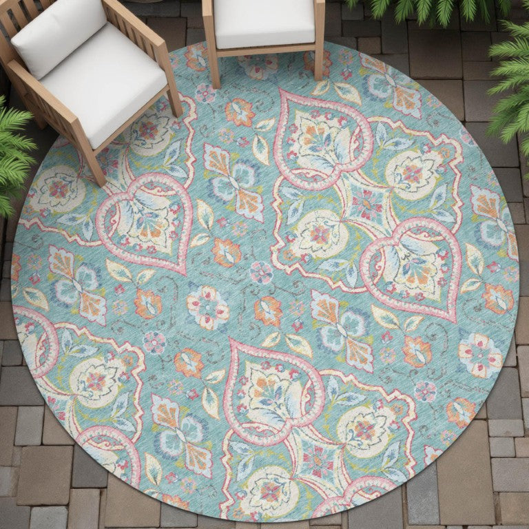 HomeRoots 8' Round Ogee Geometric Polyester Rug Washable for Indoor Outdoor Spaces 638695