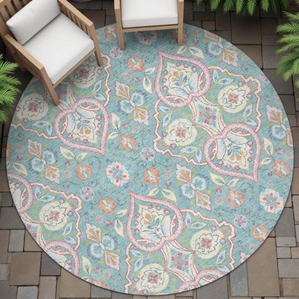 8' Round Ogee Geometric Polyester Rug Washable for Indoor Outdoor Spaces