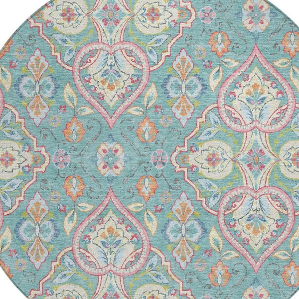 8' Round Ogee Geometric Polyester Rug Washable for Indoor Outdoor Spaces