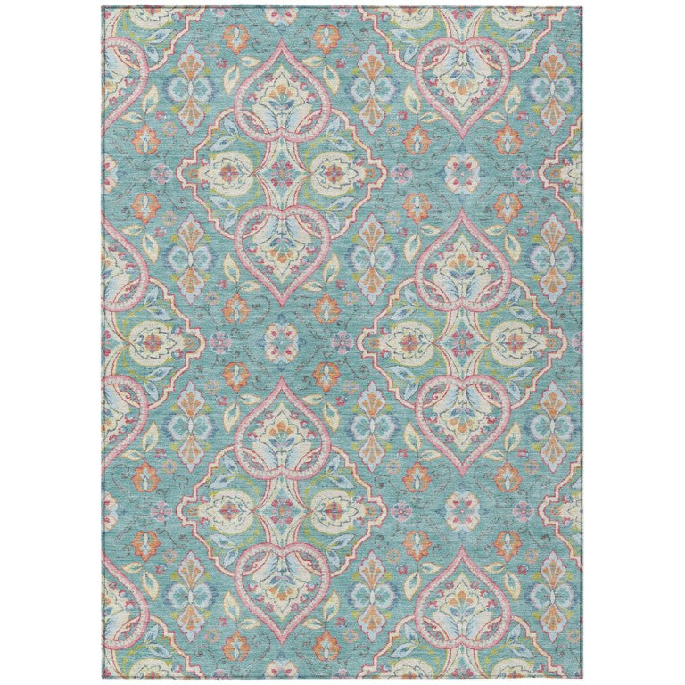 HomeRoots Ogee Washable Polyester Area Rug Vibrant Teal Pink for Indoor Outdoor Patio Living Room Use 9' x 12' 638697
