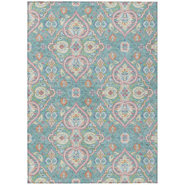 HomeRoots Ogee Washable Polyester Area Rug Vibrant Teal Pink for Indoor Outdoor Patio Living Room Use 9' x 12' 638697