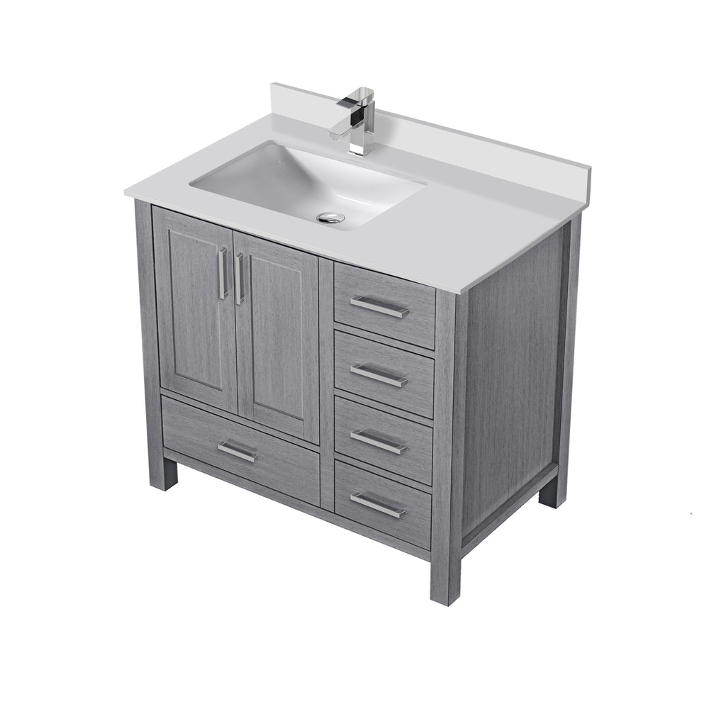 English Elm Distressed Grey 36" Bath Vanity with Left Quartz Top, Soft-Close Drawers, Chrome Faucet Set B2731P259043