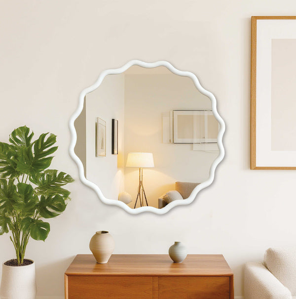 English Elm White 36 Inch Wavy Round Solid Wood Frame Mirror – Rustic Boho Decorative Wall Mirror for Home Vanity W2203P389085