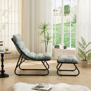 English Elm Patio Steel Sling Recliner with Corduroy Cushion and Ottoman for Indoor Outdoor Use W640P443496