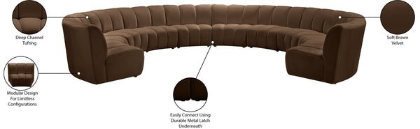 Meridian Furniture Infinity 10 Piece Modular Sectional Velvet Sofa with Channel Tufting for Living Room 638Brown-10PC