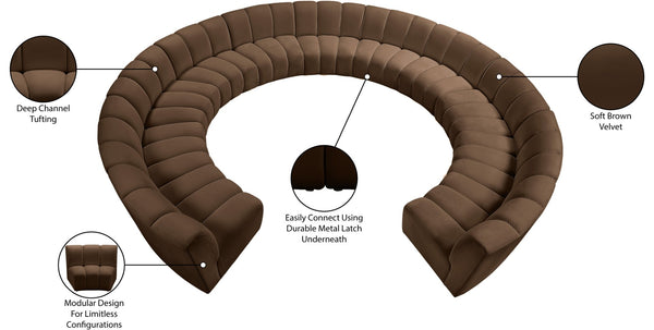 Meridian Furniture Infinity 11 Piece Modular Sectional Velvet Sofa with Channel Tufting for Large Rooms 638Brown-11PC