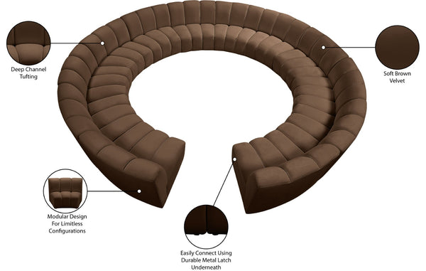 Meridian Furniture Infinity 12 Piece Modular Sectional Channel Tufted Velvet Sofa for Open Living Rooms 638Brown-12PC
