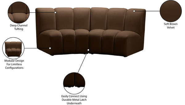 Meridian Furniture Infinity 2 Piece Modular Sectional Sofa Brown Velvet Channel Tufted Contemporary 638Brown-2PC