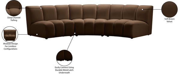 Meridian Furniture Infinity Velvet Three Piece Modular Sectional with Channel Tufting for Modern Living 638Brown-3PC