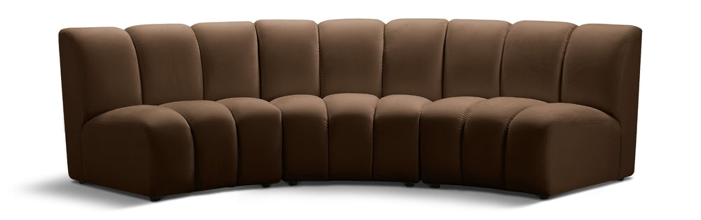 Meridian Furniture Infinity Velvet Three Piece Modular Sectional with Channel Tufting for Modern Living 638Brown-3PC
