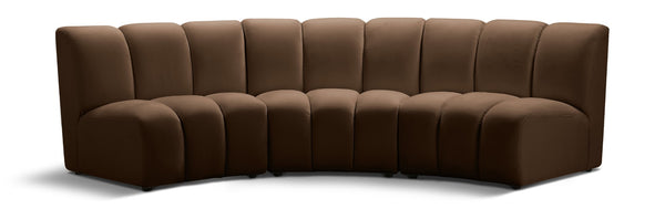 Meridian Furniture Infinity Velvet Three Piece Modular Sectional with Channel Tufting for Modern Living 638Brown-3PC