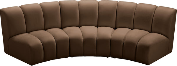Meridian Furniture Infinity Velvet Three Piece Modular Sectional with Channel Tufting for Modern Living 638Brown-3PC