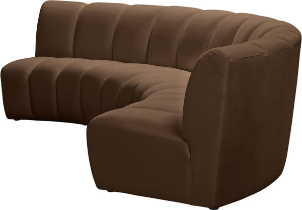 Meridian Furniture Infinity Velvet Three Piece Modular Sectional with Channel Tufting for Modern Living 638Brown-3PC