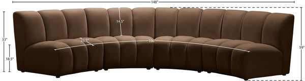 Meridian Furniture Infinity Four-piece Modular Sectional Brown Velvet Channel Tufted Living Room Sofa 638Brown-4PC