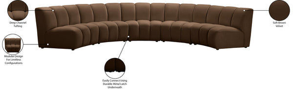 Meridian Furniture Infinity Five Piece Brown Velvet Modular Sectional with Channel Tufting for Large Rooms 638Brown-5PC