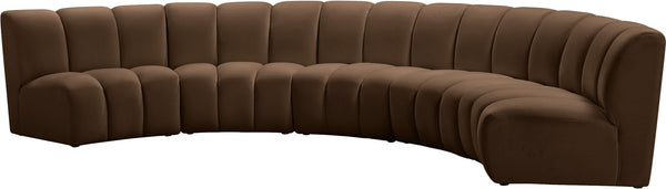 Meridian Furniture Infinity Five Piece Brown Velvet Modular Sectional with Channel Tufting for Large Rooms 638Brown-5PC