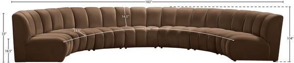 Meridian Furniture Infinity Seven Piece Velvet Modular Sectional with Channel Tufting for Large Living Rooms 638Brown-7PC