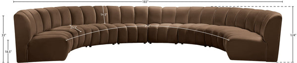 Meridian Furniture Infinity Eight Piece Modular Sectional Brown Velvet Channel Tufted Living Room Sofa 638Brown-8PC