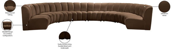 Meridian Furniture Infinity Eight Piece Modular Sectional Brown Velvet Channel Tufted Living Room Sofa 638Brown-8PC