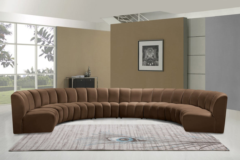 Meridian Furniture Infinity Eight Piece Modular Sectional Brown Velvet Channel Tufted Living Room Sofa 638Brown-8PC