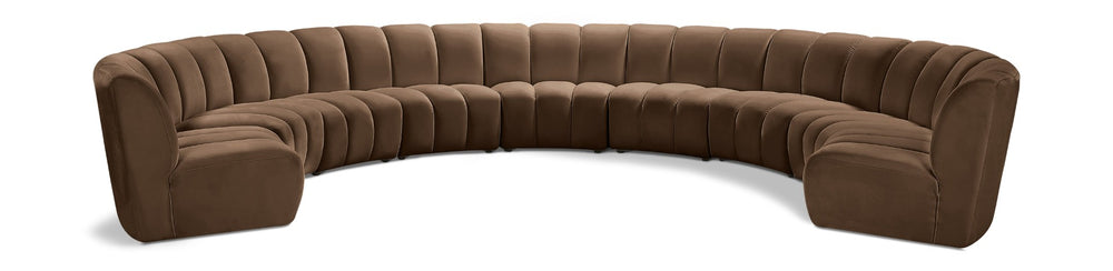 Meridian Furniture Infinity Nine Piece Velvet Modular Sectional with Channel Tufting for Large Living Rooms 638Brown-9PC