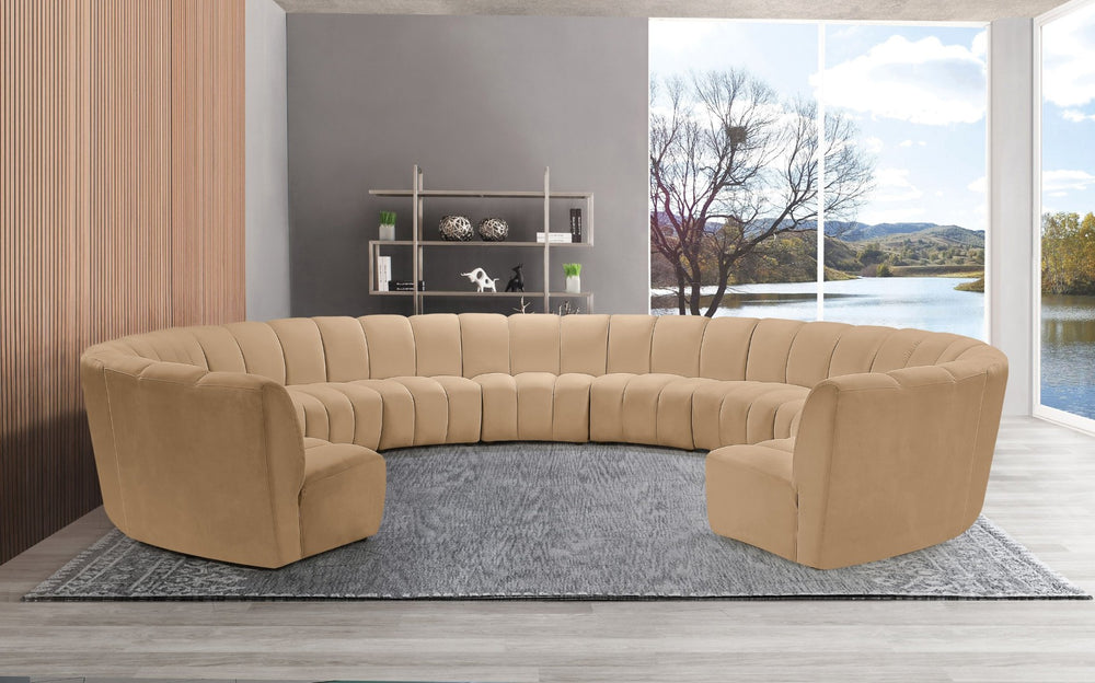 Meridian Furniture Infinity Modular Sectional Velvet Sofa with Channel Tufting for Spacious Living Rooms 638Camel-11PC
