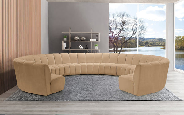 Meridian Furniture Infinity Modular Sectional Velvet Sofa with Channel Tufting for Spacious Living Rooms 638Camel-11PC