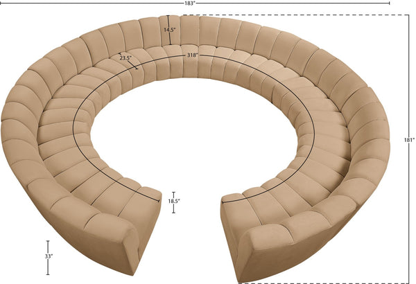 Meridian Furniture Infinity 12 Piece Velvet Modular Sectional with Channel Tufting for Large Living Rooms 638Camel-12PC