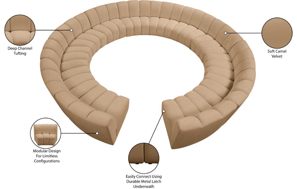 Meridian Furniture Infinity 12 Piece Velvet Modular Sectional with Channel Tufting for Large Living Rooms 638Camel-12PC