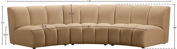 Meridian Furniture Infinity Three Piece Modular Sectional Channel Tufted Velvet Sofa for Living Rooms 638Camel-3PC
