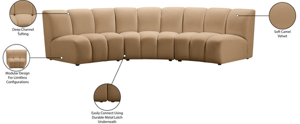 Meridian Furniture Infinity Three Piece Modular Sectional Channel Tufted Velvet Sofa for Living Rooms 638Camel-3PC