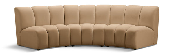 Meridian Furniture Infinity Three Piece Modular Sectional Channel Tufted Velvet Sofa for Living Rooms 638Camel-3PC