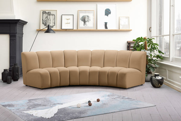 Meridian Furniture Infinity Three Piece Modular Sectional Channel Tufted Velvet Sofa for Living Rooms 638Camel-3PC