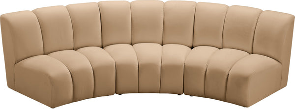Meridian Furniture Infinity Three Piece Modular Sectional Channel Tufted Velvet Sofa for Living Rooms 638Camel-3PC