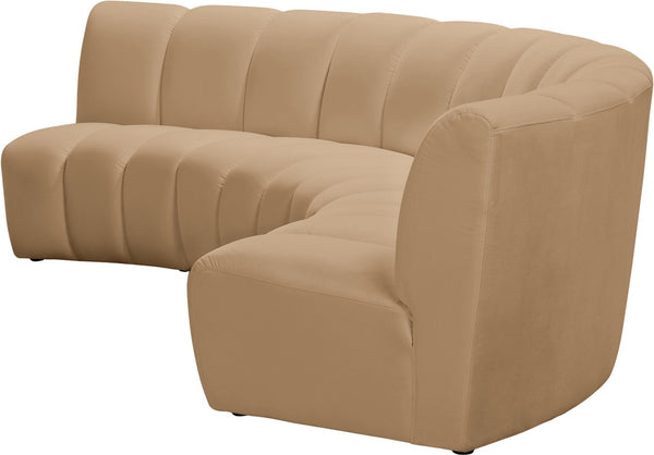 Meridian Furniture Infinity Three Piece Modular Sectional Channel Tufted Velvet Sofa for Living Rooms 638Camel-3PC