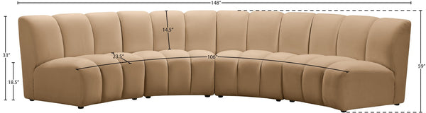 Meridian Furniture Infinity Modular Velvet Sectional with Channel Tufting for Spacious Living Rooms 638Camel-4PC