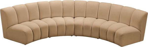 Meridian Furniture Infinity Modular Velvet Sectional with Channel Tufting for Spacious Living Rooms 638Camel-4PC