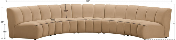 Meridian Furniture Infinity Five Piece Modular Sectional Camel Velvet Channel Tufted Living Room Sofa 638Camel-5PC