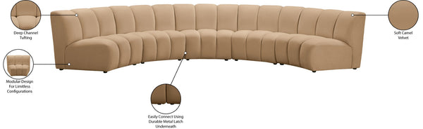 Meridian Furniture Infinity Five Piece Modular Sectional Camel Velvet Channel Tufted Living Room Sofa 638Camel-5PC