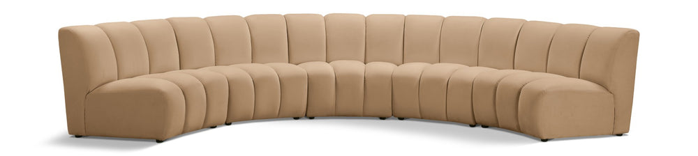 Meridian Furniture Infinity Five Piece Modular Sectional Camel Velvet Channel Tufted Living Room Sofa 638Camel-5PC