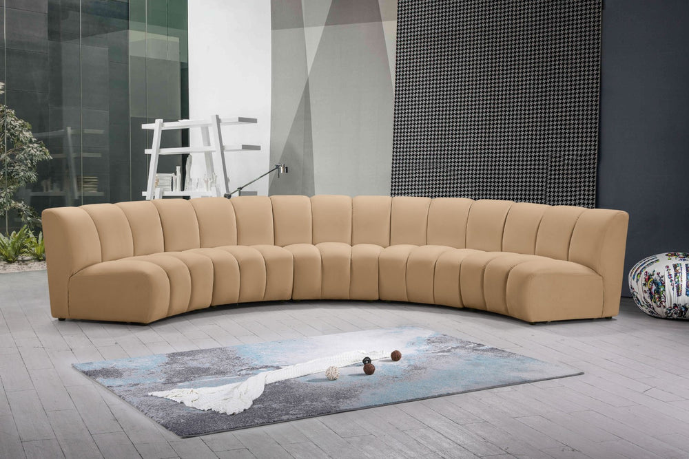Meridian Furniture Infinity Five Piece Modular Sectional Camel Velvet Channel Tufted Living Room Sofa 638Camel-5PC